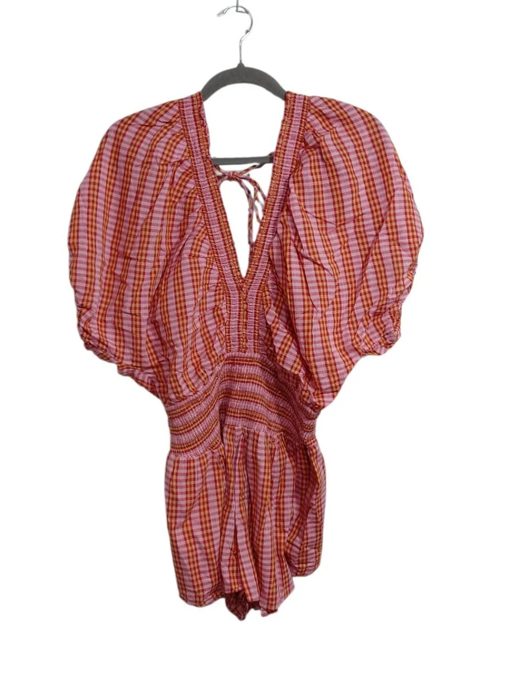 Anthropologie Pink and Orange Plaid Puff-Sleeve Blouse